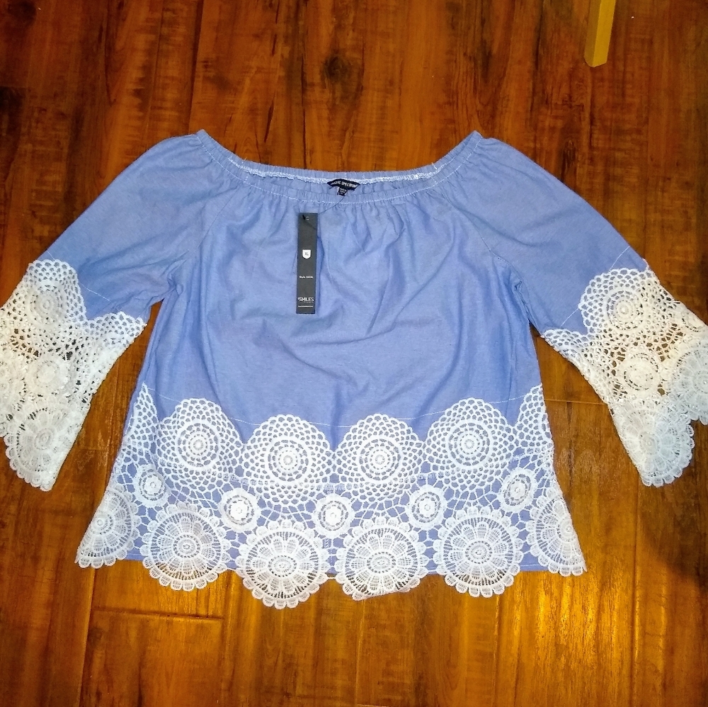 Blue with white lace shirt